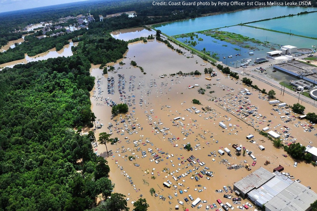 Photo of Baton Rouge flooding , August 2016, Coast Guard photo by Petty Officer 1st Class Melissa Leake, via Wikipedia